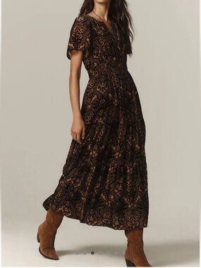 Anthropologie The Somerset Maxi Dress Velvet Edition Brown and Black Sz Medium